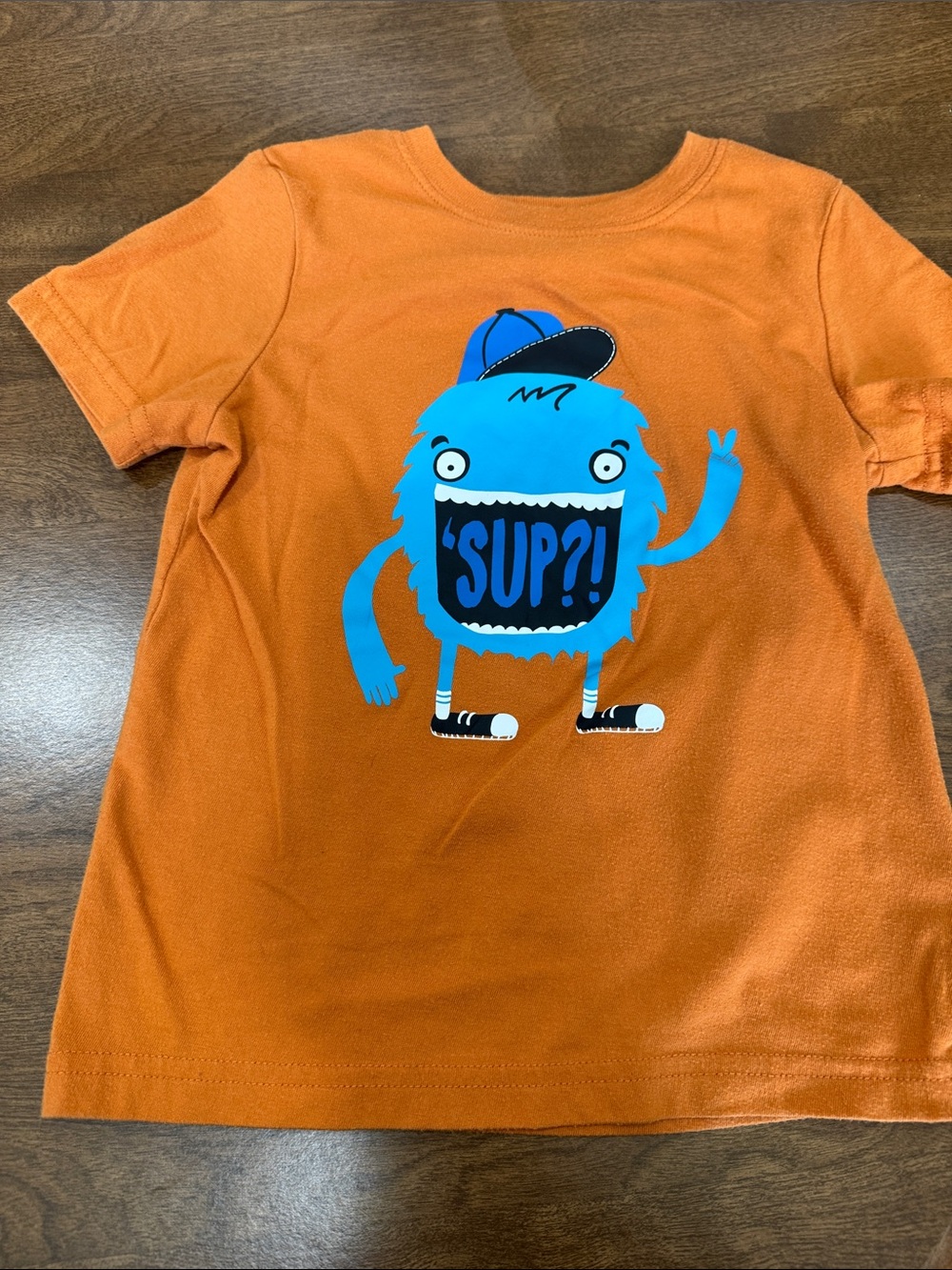okie dokie Orange Tee with Blue Monster 'SUP?!' Graphic
